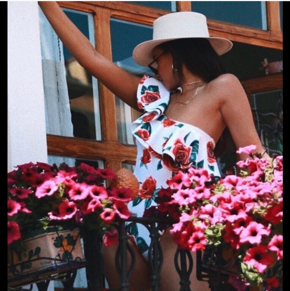 Onia x WeWoreWhat | Stella Floral Rose Dramatic Ruffle Shoulder One Piece Swim